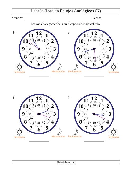 La hoja de ejercicios de Leer la Hora en Relojes Analógicos de 24 Horas en Intervalos de 1 Minuto (4 Relojes Grandes) (G)