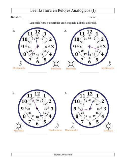 La hoja de ejercicios de Leer la Hora en Relojes Analógicos de 24 Horas en Intervalos de 1 Minuto (4 Relojes Grandes) (I)