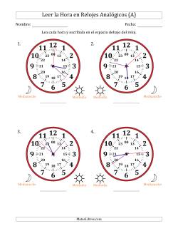 Leer la Hora en Relojes Analógicos de 24 Horas en Intervalos de 1 Segundo (4 Relojes Grandes)