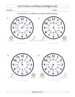 Leer la Hora en Relojes Analógicos de 24 Horas en Intervalos de 5 Minuto (4 Relojes Grandes)