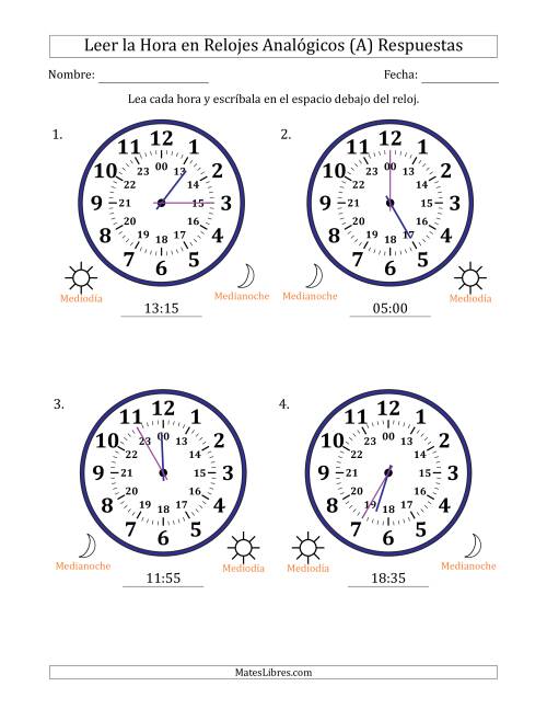 La hoja de ejercicios de Leer la Hora en Relojes Analógicos de 24 Horas en Intervalos de 5 Minuto (4 Relojes Grandes) (A) Página 2