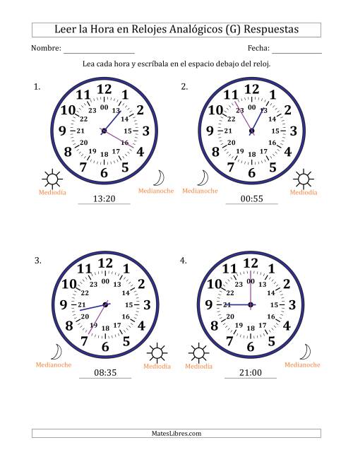 La hoja de ejercicios de Leer la Hora en Relojes Analógicos de 24 Horas en Intervalos de 5 Minuto (4 Relojes Grandes) (G) Página 2