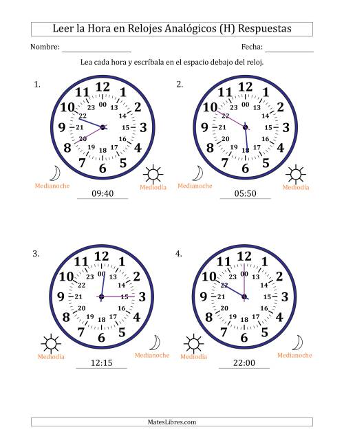 La hoja de ejercicios de Leer la Hora en Relojes Analógicos de 24 Horas en Intervalos de 5 Minuto (4 Relojes Grandes) (H) Página 2