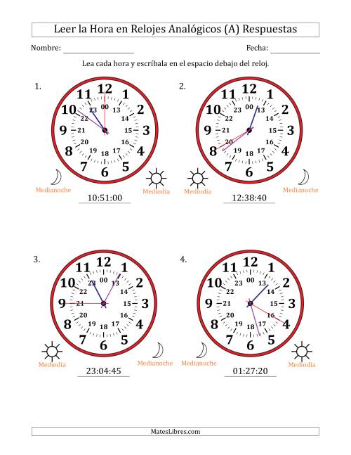 La hoja de ejercicios de Leer la Hora en Relojes Analógicos de 24 Horas en Intervalos de 5 Segundo (4 Relojes Grandes) (A) Página 2