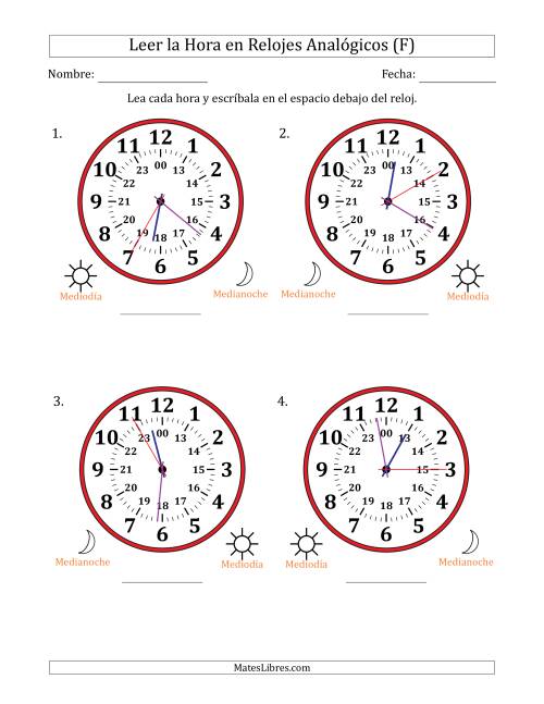 La hoja de ejercicios de Leer la Hora en Relojes Analógicos de 24 Horas en Intervalos de 5 Segundo (4 Relojes Grandes) (F)