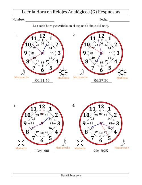 La hoja de ejercicios de Leer la Hora en Relojes Analógicos de 24 Horas en Intervalos de 5 Segundo (4 Relojes Grandes) (G) Página 2