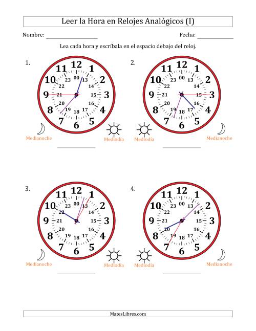 La hoja de ejercicios de Leer la Hora en Relojes Analógicos de 24 Horas en Intervalos de 5 Segundo (4 Relojes Grandes) (I)