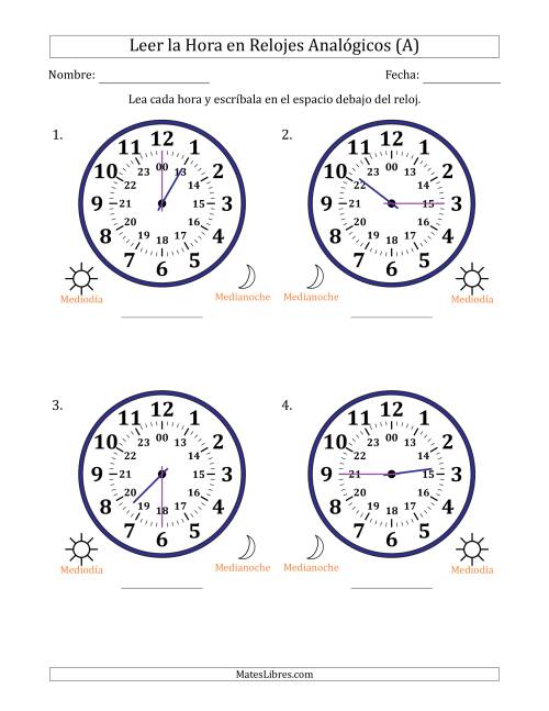 La hoja de ejercicios de Leer la Hora en Relojes Analógicos de 24 Horas en Intervalos de 15 Minuto (4 Relojes Grandes) (A)