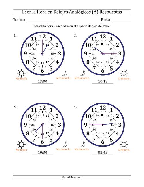 La hoja de ejercicios de Leer la Hora en Relojes Analógicos de 24 Horas en Intervalos de 15 Minuto (4 Relojes Grandes) (A) Página 2