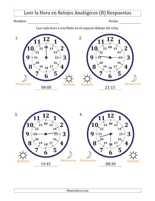 La hoja de ejercicios de Leer la Hora en Relojes Analógicos de 24 Horas en Intervalos de 15 Minuto (4 Relojes Grandes) (B) Página 2