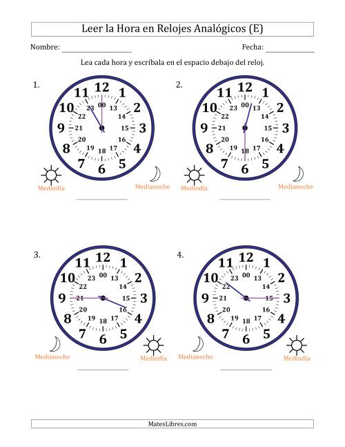 La hoja de ejercicios de Leer la Hora en Relojes Analógicos de 24 Horas en Intervalos de 15 Minuto (4 Relojes Grandes) (E)