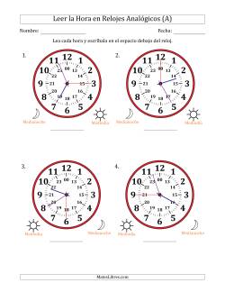 Leer la Hora en Relojes Analógicos de 24 Horas en Intervalos de 15 Segundo (4 Relojes Grandes)