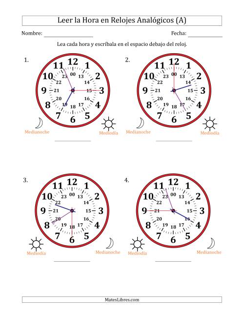 La hoja de ejercicios de Leer la Hora en Relojes Analógicos de 24 Horas en Intervalos de 15 Segundo (4 Relojes Grandes) (A)