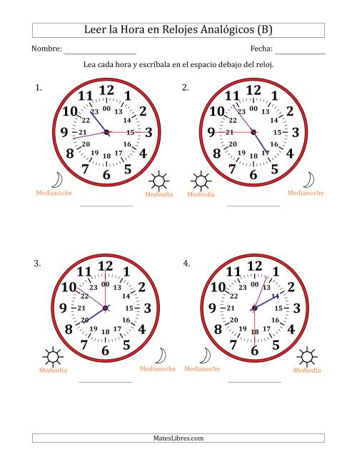 La hoja de ejercicios de Leer la Hora en Relojes Analógicos de 24 Horas en Intervalos de 15 Segundo (4 Relojes Grandes) (B)