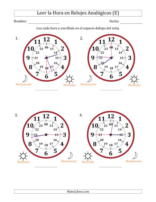 La hoja de ejercicios de Leer la Hora en Relojes Analógicos de 24 Horas en Intervalos de 15 Segundo (4 Relojes Grandes) (E)
