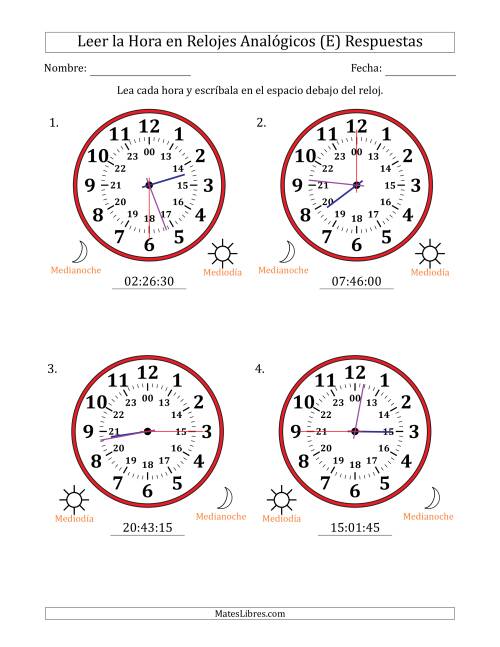 La hoja de ejercicios de Leer la Hora en Relojes Analógicos de 24 Horas en Intervalos de 15 Segundo (4 Relojes Grandes) (E) Página 2