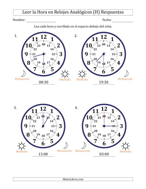 La hoja de ejercicios de Leer la Hora en Relojes Analógicos de 24 Horas en Intervalos de 30 Minuto (4 Relojes Grandes) (H) Página 2
