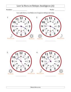 Leer la Hora en Relojes Analógicos de 24 Horas en Intervalos de 30 Segundo (4 Relojes Grandes)