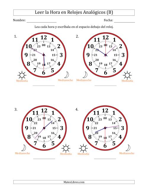 La hoja de ejercicios de Leer la Hora en Relojes Analógicos de 24 Horas en Intervalos de 30 Segundo (4 Relojes Grandes) (B)