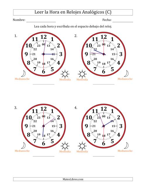 La hoja de ejercicios de Leer la Hora en Relojes Analógicos de 24 Horas en Intervalos de 30 Segundo (4 Relojes Grandes) (C)