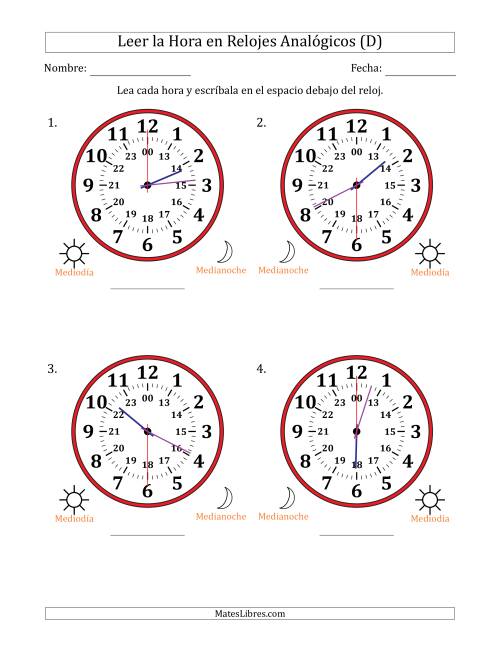 La hoja de ejercicios de Leer la Hora en Relojes Analógicos de 24 Horas en Intervalos de 30 Segundo (4 Relojes Grandes) (D)