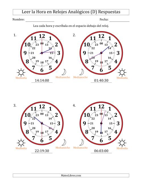 La hoja de ejercicios de Leer la Hora en Relojes Analógicos de 24 Horas en Intervalos de 30 Segundo (4 Relojes Grandes) (D) Página 2
