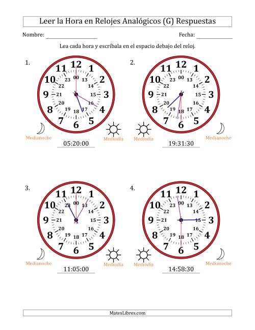 La hoja de ejercicios de Leer la Hora en Relojes Analógicos de 24 Horas en Intervalos de 30 Segundo (4 Relojes Grandes) (G) Página 2
