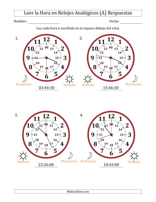 La hoja de ejercicios de Leer la Hora en Relojes Analógicos de 24 Horas en Intervalos de 30 Segundo (4 Relojes Grandes) (Todas) Página 2