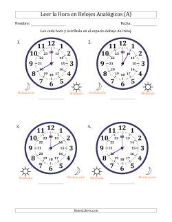 Leer la Hora en Relojes Analógicos de 24 Horas en Intervalos de 1 Hora (4 Relojes Grandes)