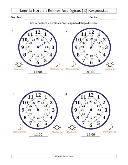 La hoja de ejercicios de Leer la Hora en Relojes Analógicos de 24 Horas en Intervalos de 1 Hora (4 Relojes Grandes) (E) Página 2