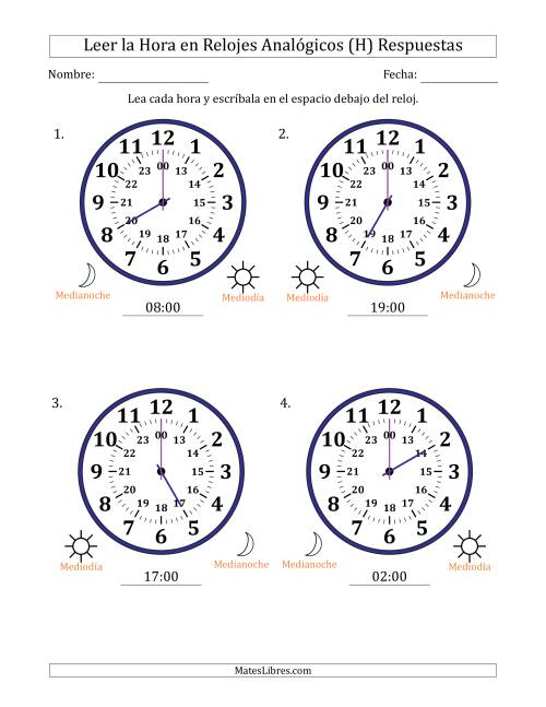 La hoja de ejercicios de Leer la Hora en Relojes Analógicos de 24 Horas en Intervalos de 1 Hora (4 Relojes Grandes) (H) Página 2