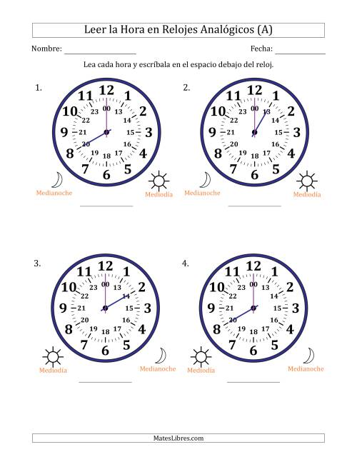 La hoja de ejercicios de Leer la Hora en Relojes Analógicos de 24 Horas en Intervalos de 1 Hora (4 Relojes Grandes) (Todas)