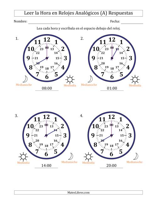 La hoja de ejercicios de Leer la Hora en Relojes Analógicos de 24 Horas en Intervalos de 1 Hora (4 Relojes Grandes) (Todas) Página 2