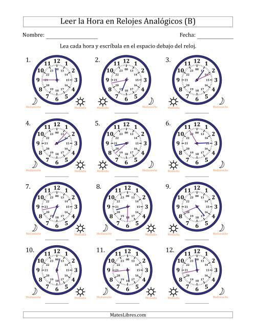 La hoja de ejercicios de Leer la Hora en Relojes Analógicos de 24 Horas en Intervalos de 1 Minuto (12 Relojes) (B)