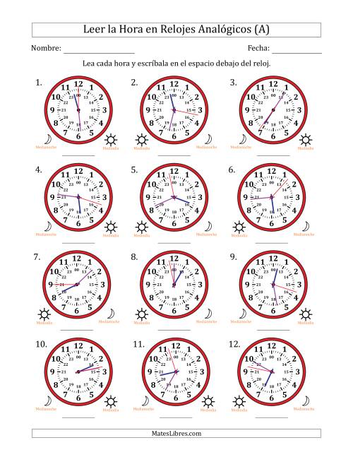 La hoja de ejercicios de Leer la Hora en Relojes Analógicos de 24 Horas en Intervalos de 1 Segundo (12 Relojes) (A)