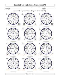 Leer la Hora en Relojes Analógicos de 24 Horas en Intervalos de 5 Minuto (12 Relojes)