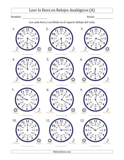 La hoja de ejercicios de Leer la Hora en Relojes Analógicos de 24 Horas en Intervalos de 5 Minuto (12 Relojes) (A)