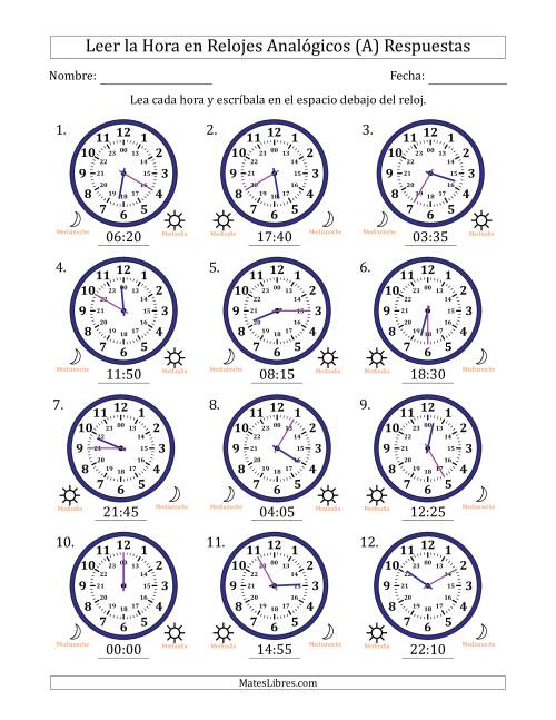 La hoja de ejercicios de Leer la Hora en Relojes Analógicos de 24 Horas en Intervalos de 5 Minuto (12 Relojes) (A) Página 2