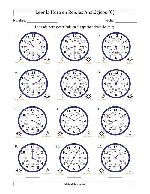 La hoja de ejercicios de Leer la Hora en Relojes Analógicos de 24 Horas en Intervalos de 5 Minuto (12 Relojes) (C)