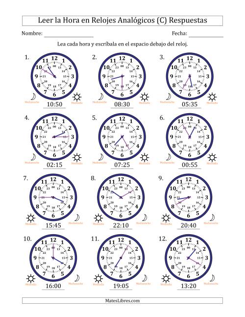 La hoja de ejercicios de Leer la Hora en Relojes Analógicos de 24 Horas en Intervalos de 5 Minuto (12 Relojes) (C) Página 2