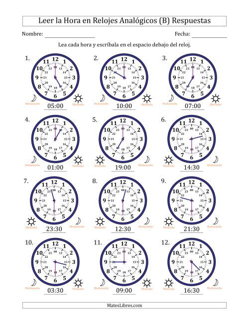 La hoja de ejercicios de Leer la Hora en Relojes Analógicos de 24 Horas en Intervalos de 30 Minuto (12 Relojes) (B) Página 2