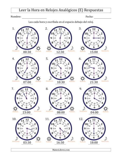 La hoja de ejercicios de Leer la Hora en Relojes Analógicos de 24 Horas en Intervalos de 30 Minuto (12 Relojes) (E) Página 2