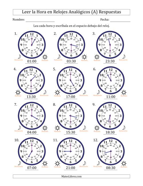 La hoja de ejercicios de Leer la Hora en Relojes Analógicos de 24 Horas en Intervalos de 30 Minuto (12 Relojes) (Todas) Página 2