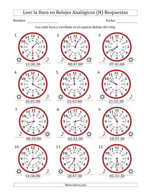 La hoja de ejercicios de Leer la Hora en Relojes Analógicos de 24 Horas en Intervalos de 30 Segundo (12 Relojes) (H) Página 2