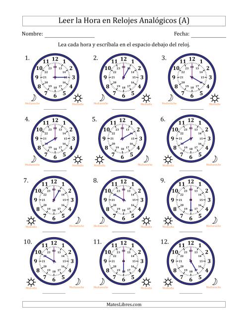 La hoja de ejercicios de Leer la Hora en Relojes Analógicos de 24 Horas en Intervalos de 1 Hora (12 Relojes) (A)