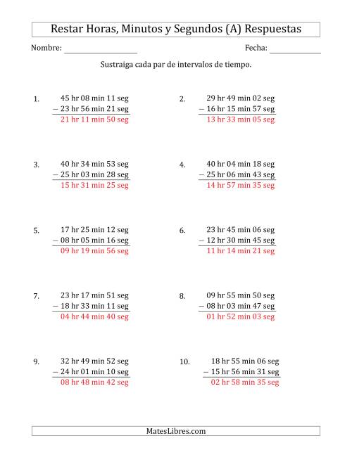 La hoja de ejercicios de Restar Intervalos de Tiempo en Horas, Minutos y Segundos (Formato Largo) (A) Página 2
