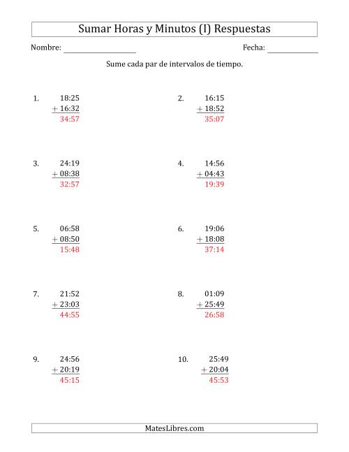 La hoja de ejercicios de Sumar Intervalos de Tiempo en Horas y Minutos (Formato Compacto) (I) Página 2