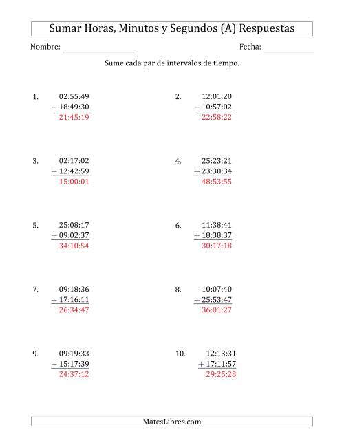La hoja de ejercicios de Sumar Intervalos de Tiempo en Horas, Minutos y Segundos (Formato Compacto) (A) Página 2