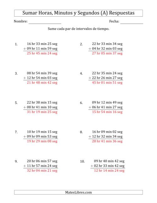 La hoja de ejercicios de Sumar Intervalos de Tiempo en Horas, Minutos y Segundos (Formato Largo) (A) Página 2