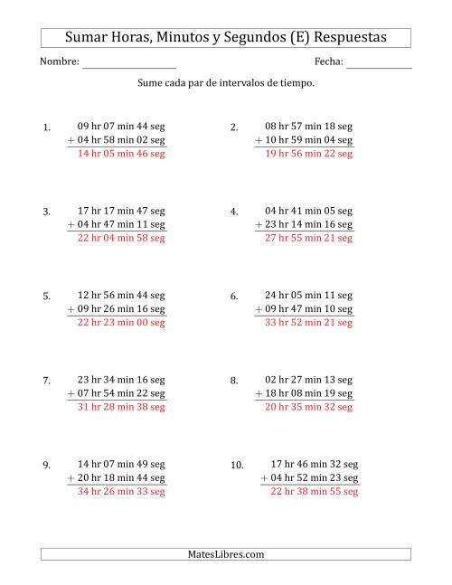 La hoja de ejercicios de Sumar Intervalos de Tiempo en Horas, Minutos y Segundos (Formato Largo) (E) Página 2